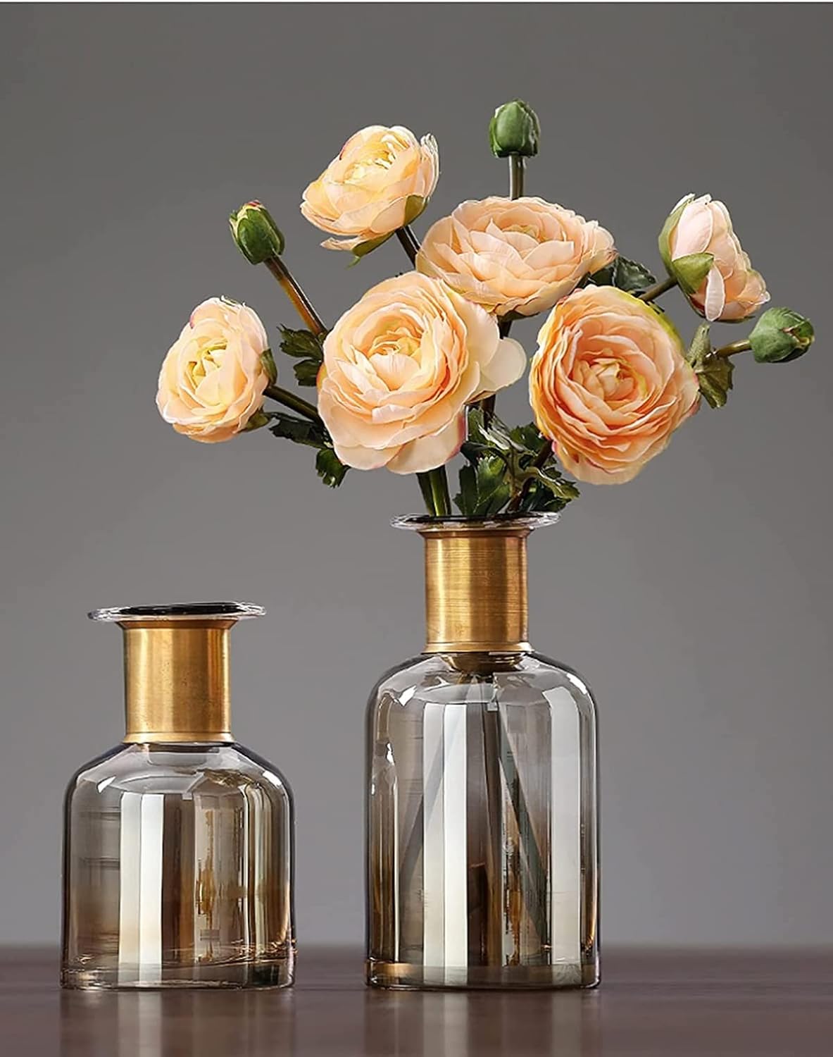 Transparent Brown Glass Vase with Copper Neck