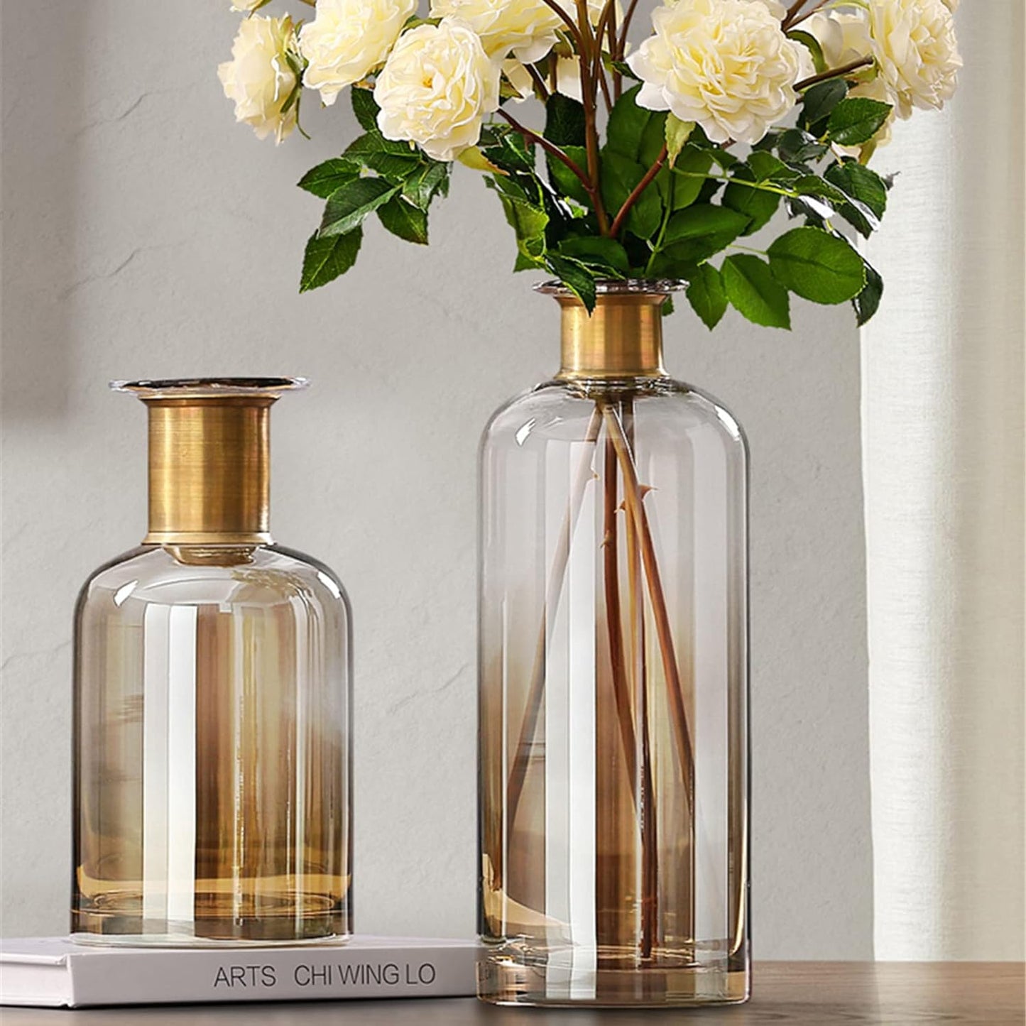 Transparent Brown Glass Vase with Copper Neck
