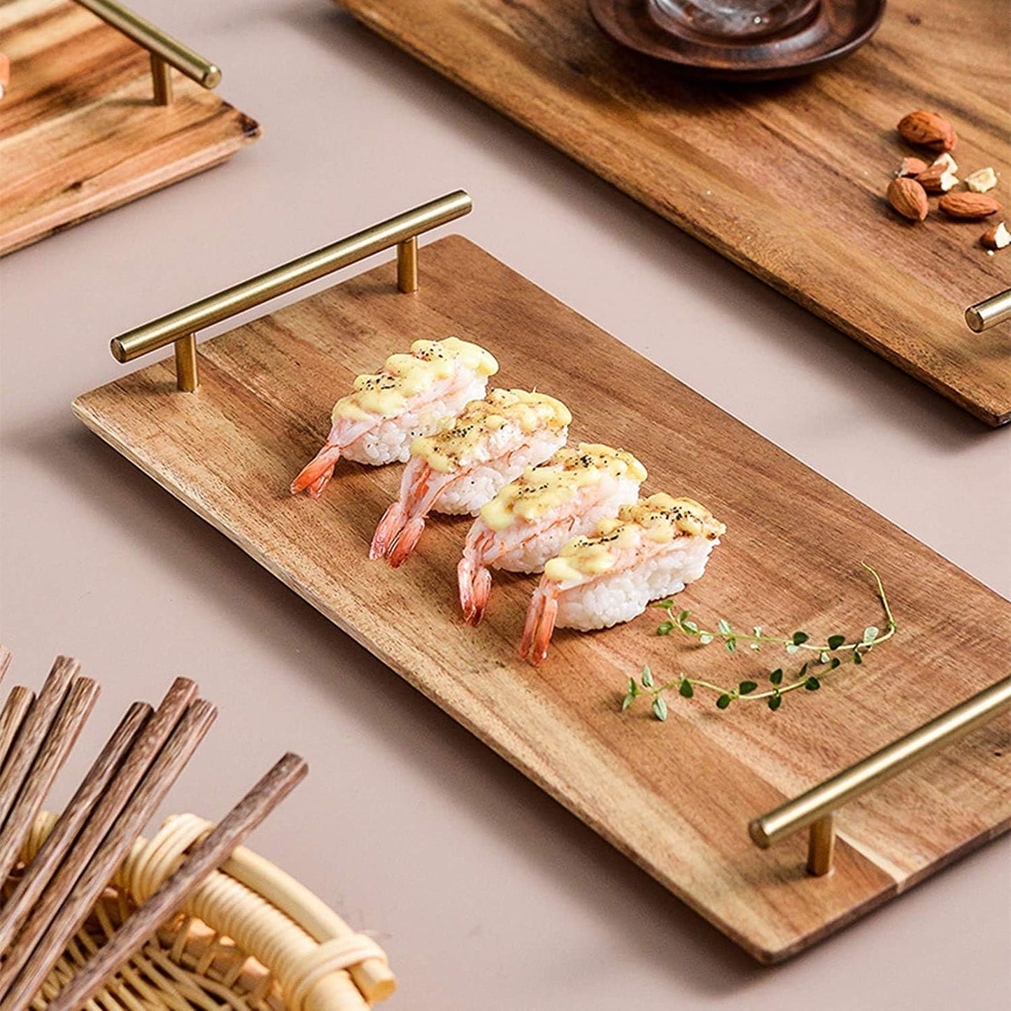 Wooden Serving Tray with Metal Handle