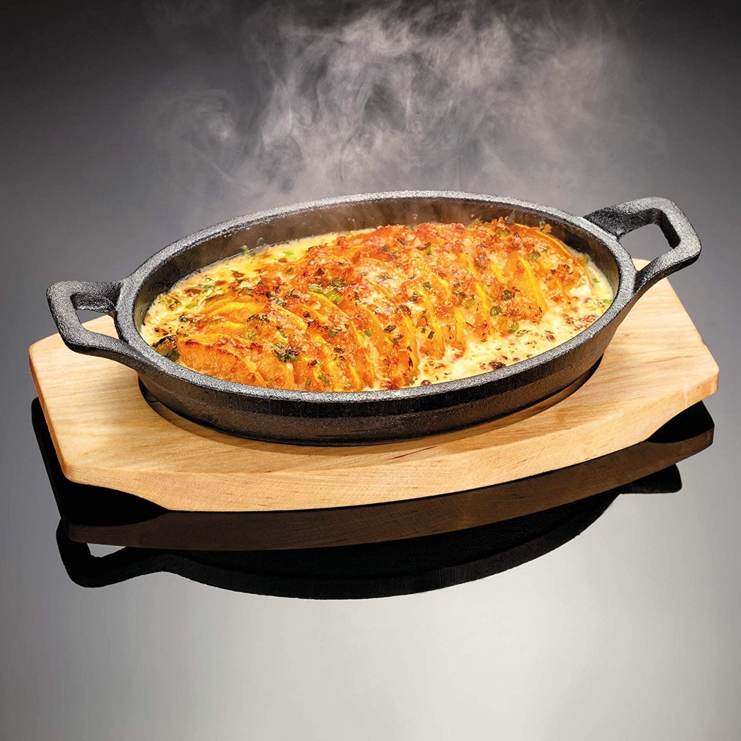 Cast Iron Skillet with Wooden Serving Stand