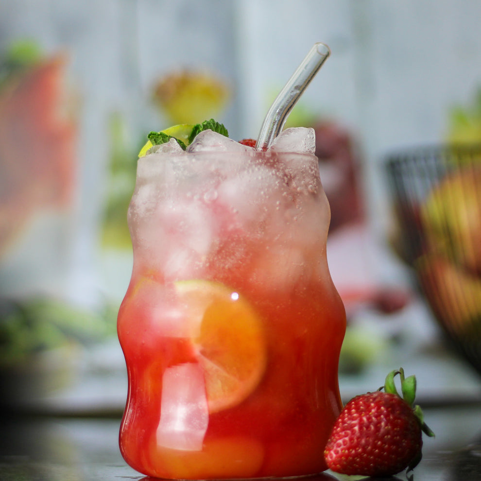 Wavy Glass Cup with Bamboo Lid & Straw