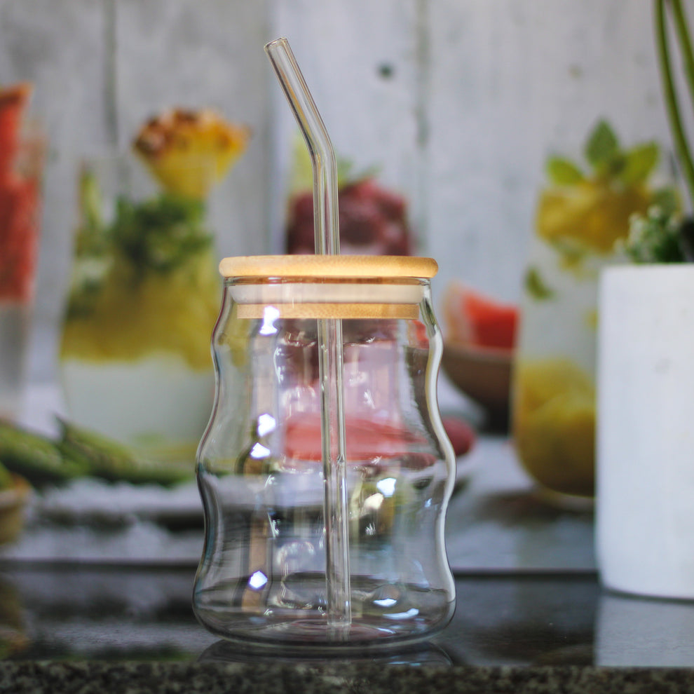 Wavy Glass Cup with Bamboo Lid & Straw