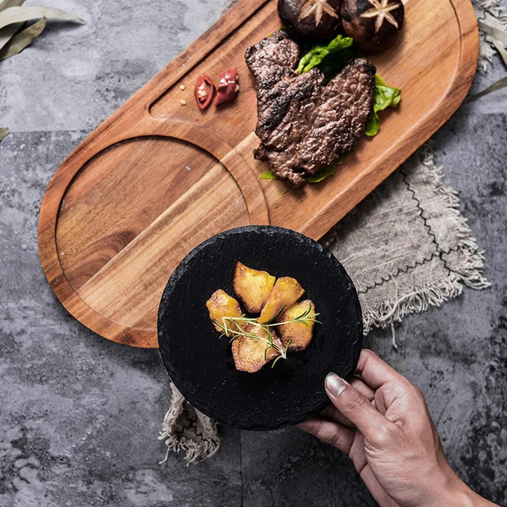 Wooden Food Serving Tray with Slate Steak Board