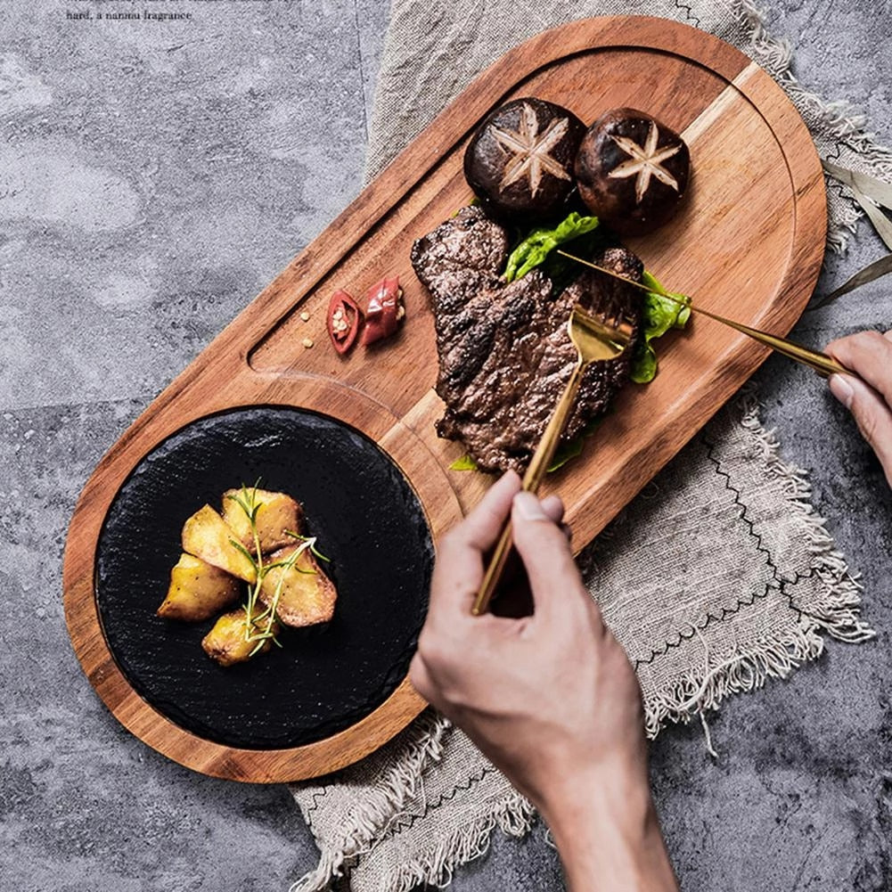 Wooden Food Serving Tray with Slate Steak Board