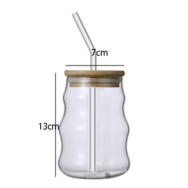Wavy Glass Cup with Bamboo Lid & Straw