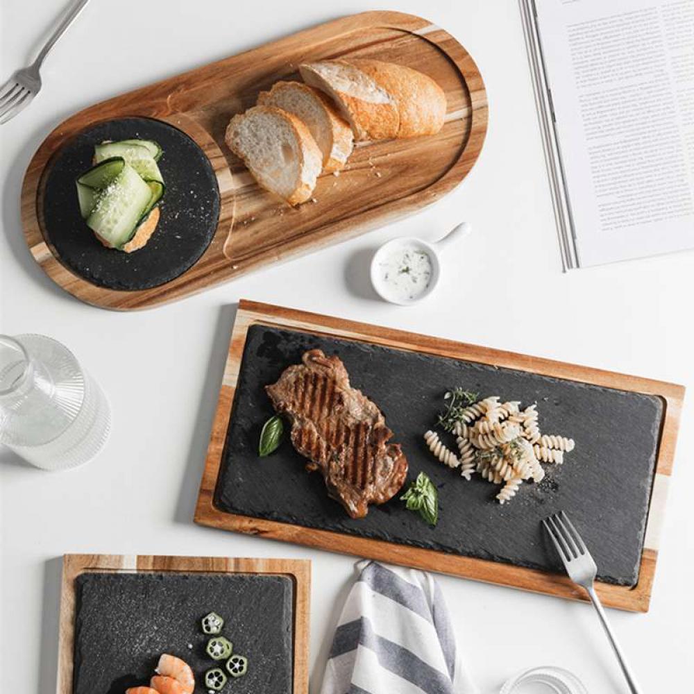 Wooden Food Serving Tray with Slate Steak Board