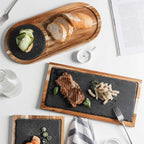 Wooden Food Serving Tray with Slate Steak Board